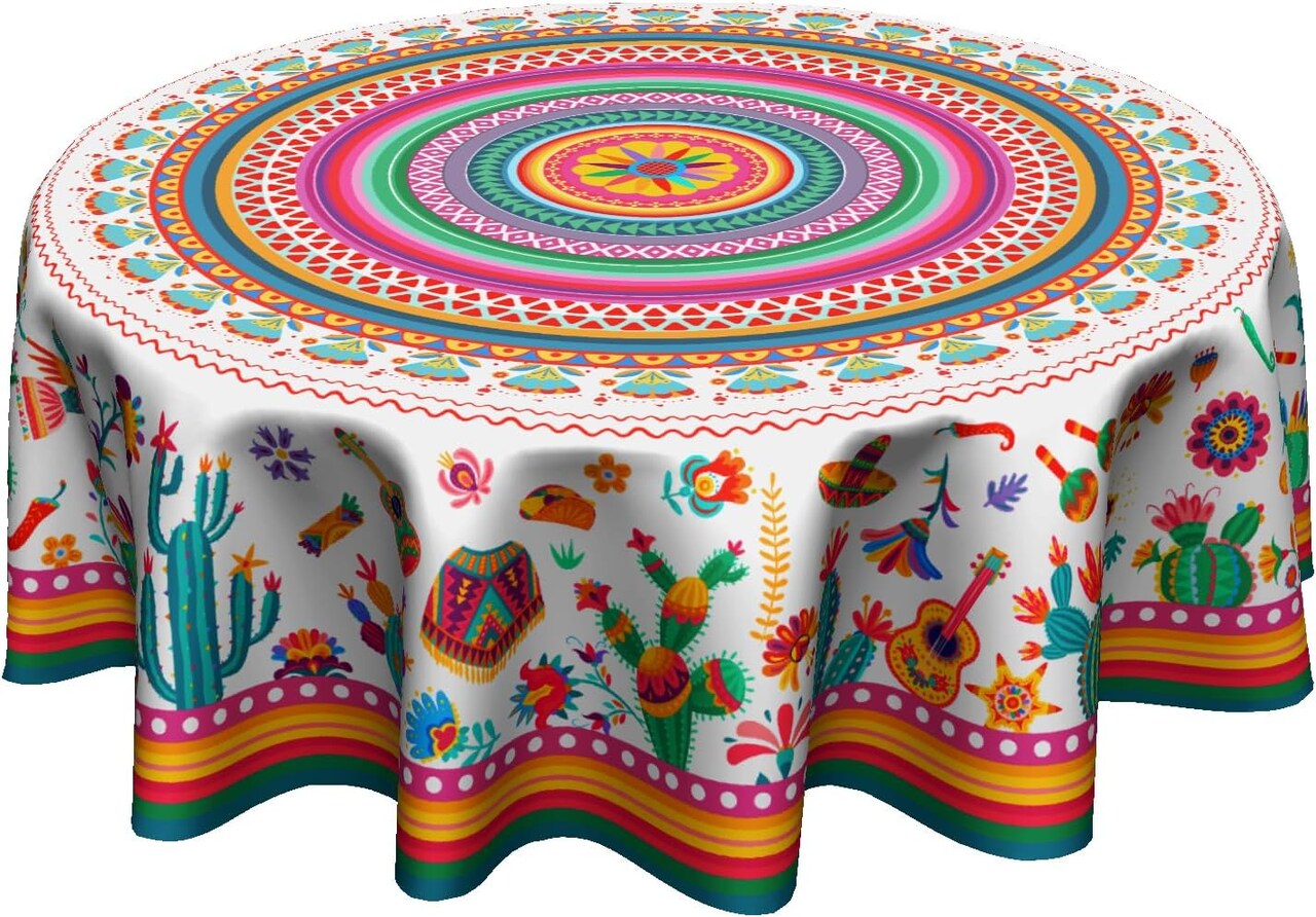 Colorful Mexico Round Table Cloth - Mexican Floral Tablecloth Cactus Stripes Lines Native Art Table Cover for Kitchen Party Picnic Dining Decor 60 Inch